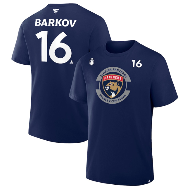 Men's Florida Panthers #16 Aleksander Barkov Navy 2025 Stanley Cup Final Pro Name & Number T-Shirt